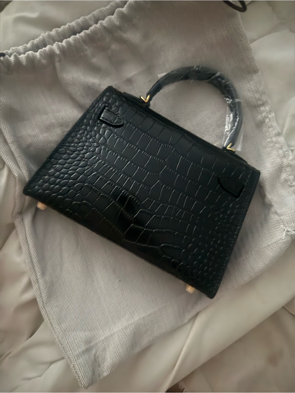 Genuine Leather Shiny Croc Embossed Mini Kelly Bag • Black/Gold • NWT Inspired - Picture 4 of 5